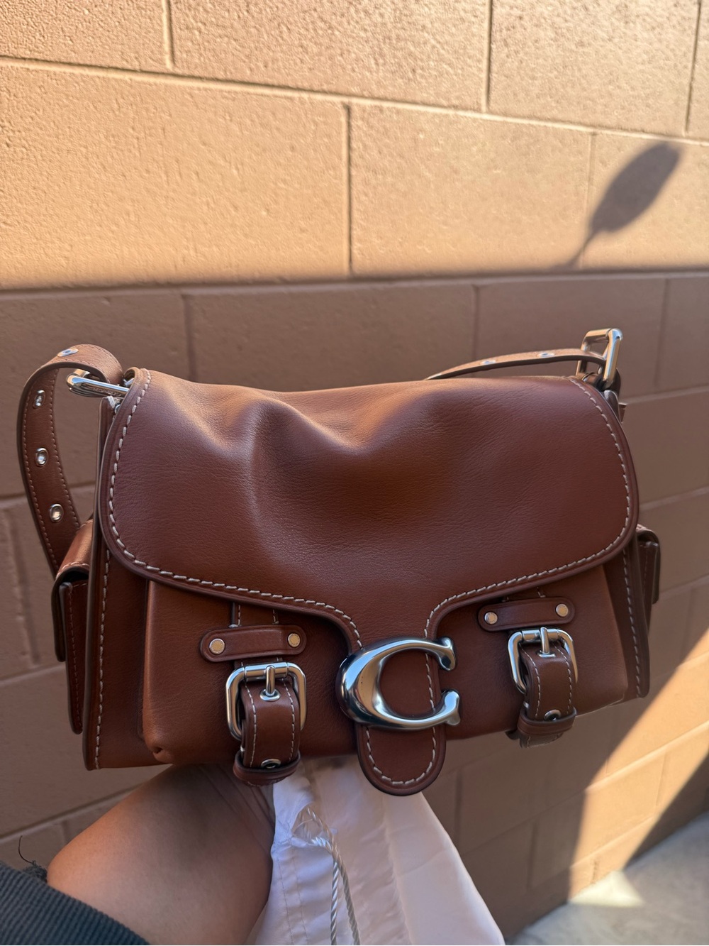 Coach Chestnut Brown Leather Crossbody with Silver 'C' Buckle